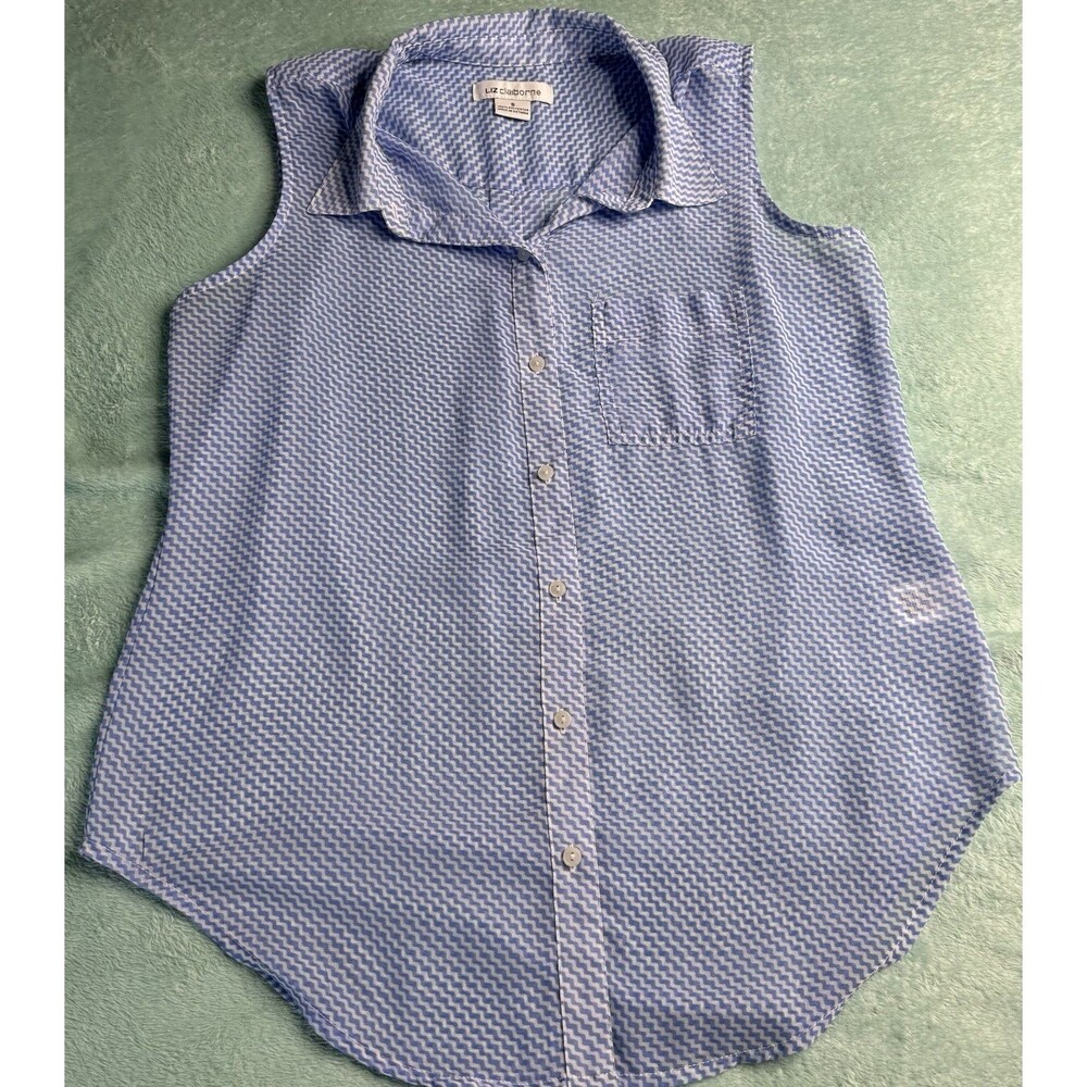 Liz Claiborne Women’s Blouse • Small • Blue White • Sleeveless • Button Front